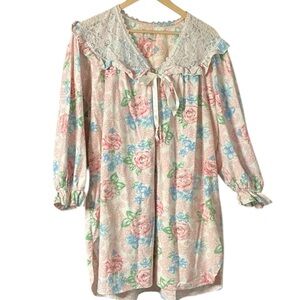 Vintage Flannel Floral Lace-Trimmed Nightgown